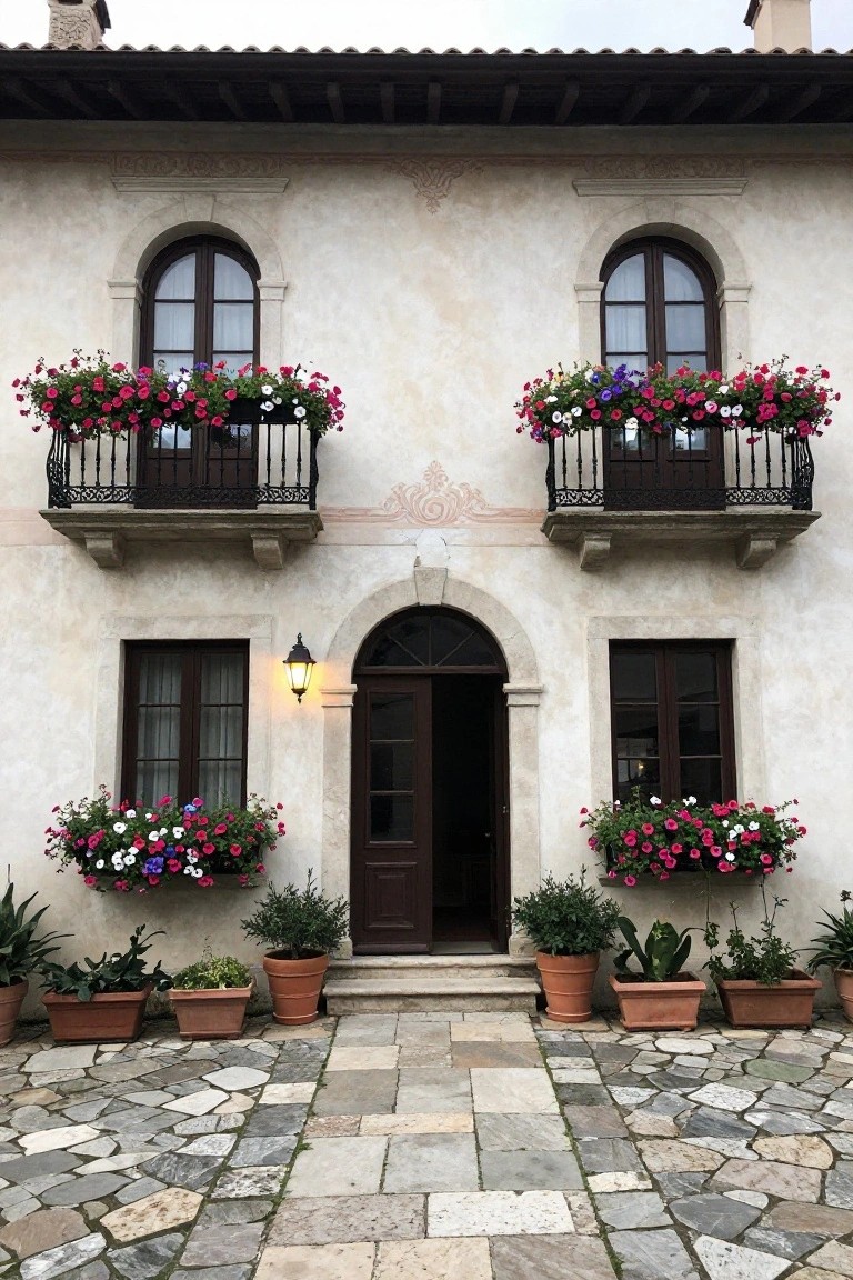 Beige stucco house facade with arched windows, wrought-iron balconies and window boxes overflowing with red, pink, purple, and white flowers, wooden door with lantern light, side window boxes, potted plants, and stone pathway entrance.