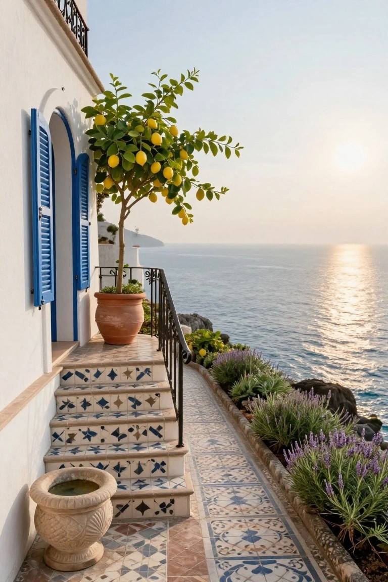 White stucco exterior wall with blue louvered shutters beside a large terracotta pot holding a lemon tree, wrought iron balcony railing, blue and white tiled steps, lavender and succulent plantings along the edge, and Mediterranean sea view at sunset.