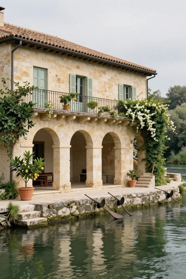 Beige stone villa with terracotta tile roof, green shutters, wrought-iron balcony with plants, climbing white flowers, arched loggia with seating and potted lemon tree, stone dock with moored oars on a green river.