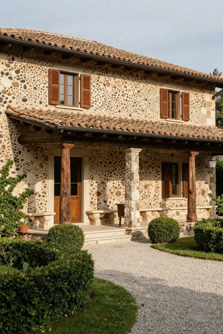 Stone house exterior with walls embedded with round pebbles in beige mortar, terracotta tile roof, wooden shutters on windows, wooden front door under a covered porch with stone columns, boxwood shrubs, and gravel driveway.