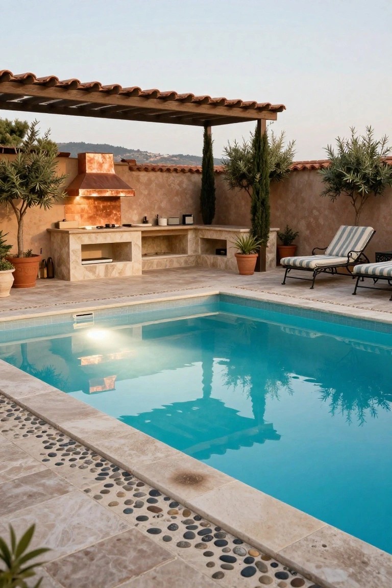 Stone outdoor kitchen with copper hood under terracotta pergola next to rectangular pool with pebble edging, lounge chairs, potted plants, and cypress trees against stucco walls.