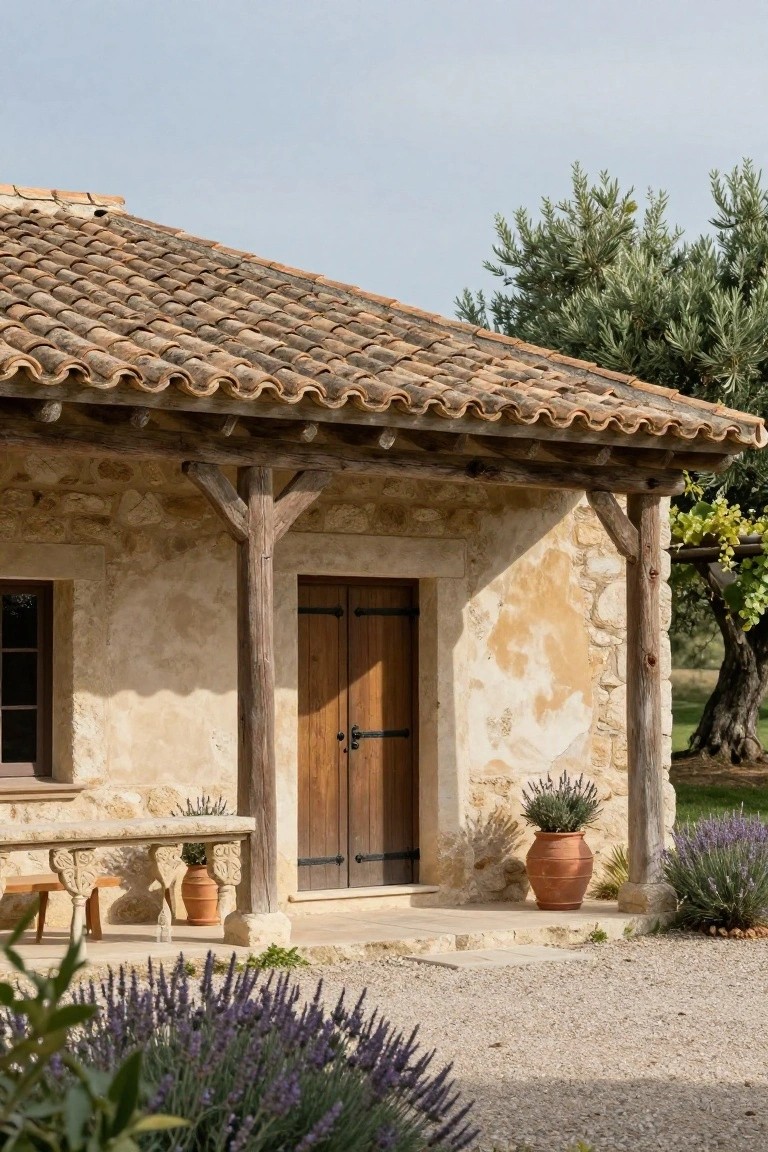 Stone-walled house exterior with terracotta tile roof, exposed wooden beams supporting a porch, double wooden door, stone bench, potted plants, lavender bushes, and gravel ground.