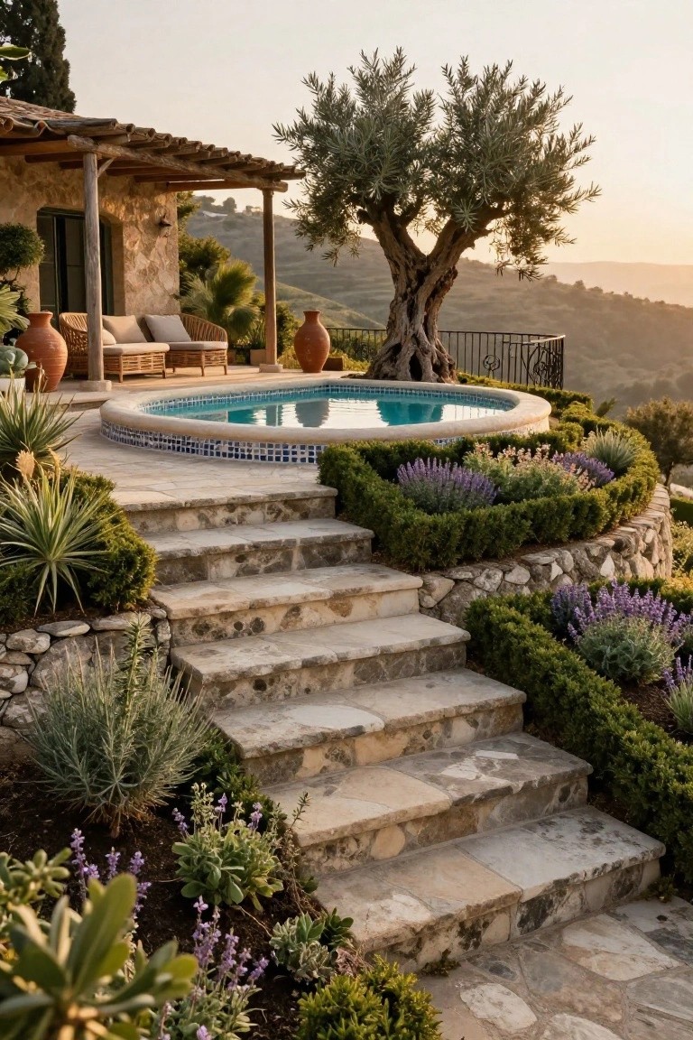 Elevated circular blue-tiled hot tub on a stone terrace reached by broad curving stone stairs flanked by boxwood hedges and lavender plants, with a rustic pergola lounge area, terracotta pots, agave plants, and an olive tree nearby on a hillside at sunset.
