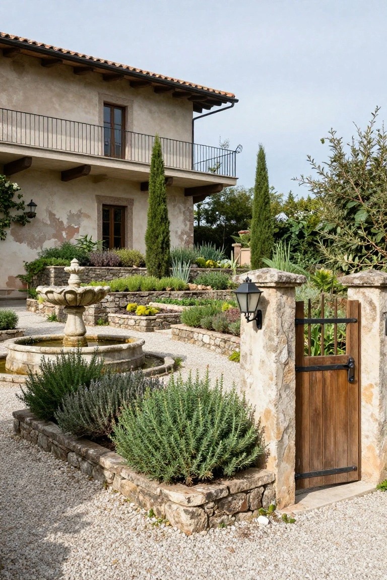 Rustic stucco villa with balcony and cypress trees adjacent to a terraced stone garden featuring a central fountain, raised beds of lavender and rosemary, gravel paths, and a wooden gate in a stone pillar.
