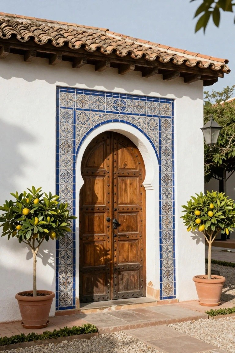 White stucco exterior wall featuring a dark wooden double arched door framed by blue and white intricate tilework, flanked by two potted lemon trees in terracotta pots, with terracotta roof tiles overhead and gravel path in front.