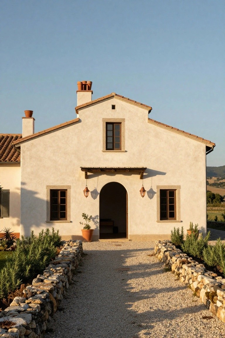 White stucco house with terracotta tile roof and arched entry doorway flanked by hanging copper lanterns, approached by central gravel path edged with low stone walls and rosemary plants.