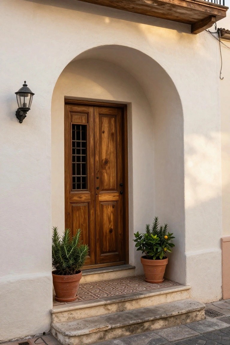 White stucco wall with arched entryway containing dark wooden double doors with metal grate window, black lantern light fixture, potted rosemary and citrus plants, and stone steps leading to tiled landing.