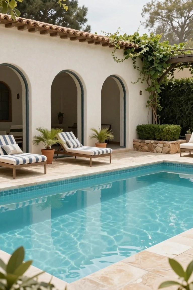 White stucco exterior wall with teal-trimmed rounded arches and vine-covered wooden pergola overlooking a rectangular turquoise-tiled pool, with teak chaise lounges upholstered in blue-and-white stripes, potted palms, and stone paver terrace.