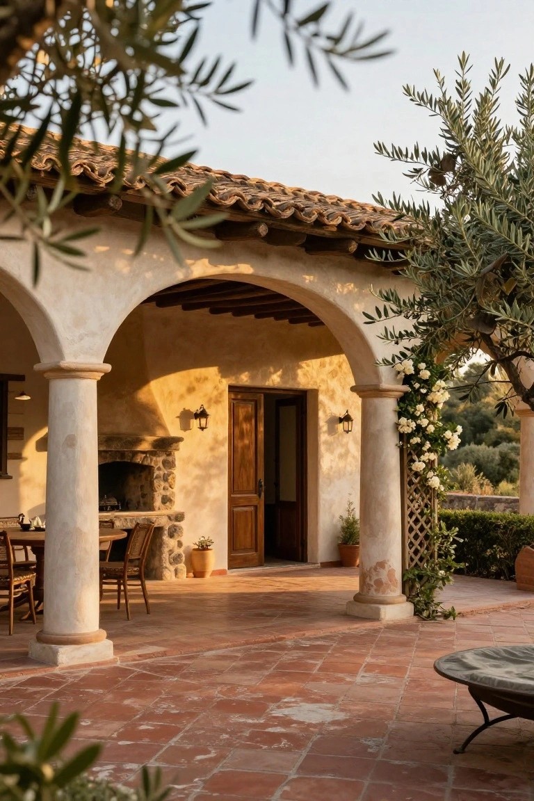 White stucco arches and columns form a covered terrace with a stone fireplace, wooden dining table and chairs, terracotta tile floor, and olive trees nearby.