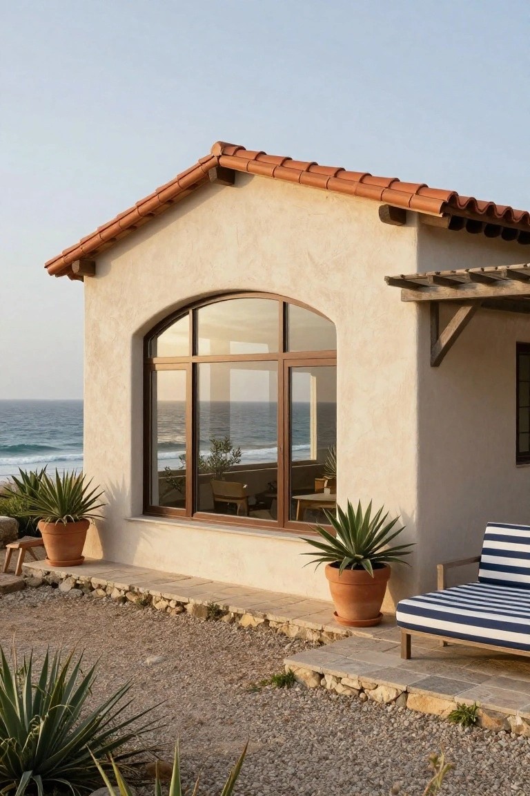 Beige stucco corner of a house with red terracotta tile roof and wooden pergola, featuring a tall arched window overlooking ocean waves, potted agave plants, a striped blue lounge chair, and gravel ground.