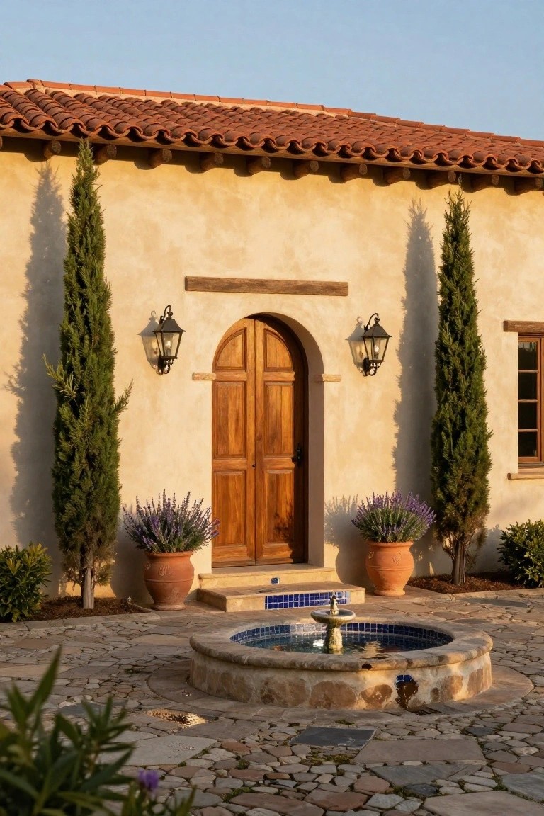 Beige stucco house exterior with red tile roof, arched wooden double door, wrought iron lanterns, tall cypress trees, lavender in terracotta pots, stone fountain, and pebble pavers.
