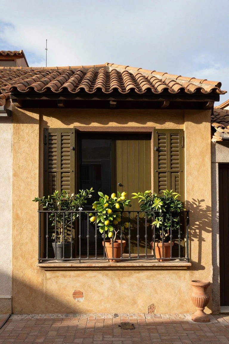 Ochre stucco house exterior with green shutters on a window and door, wrought-iron balcony holding three potted lemon trees, terracotta roof tiles above, and a large terracotta urn on brick paving below.