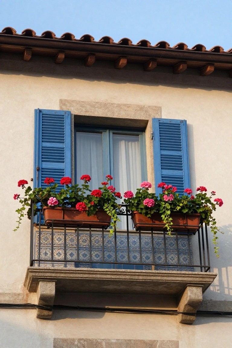 Balcony with blue shutters, red flowers, and tiled railing.