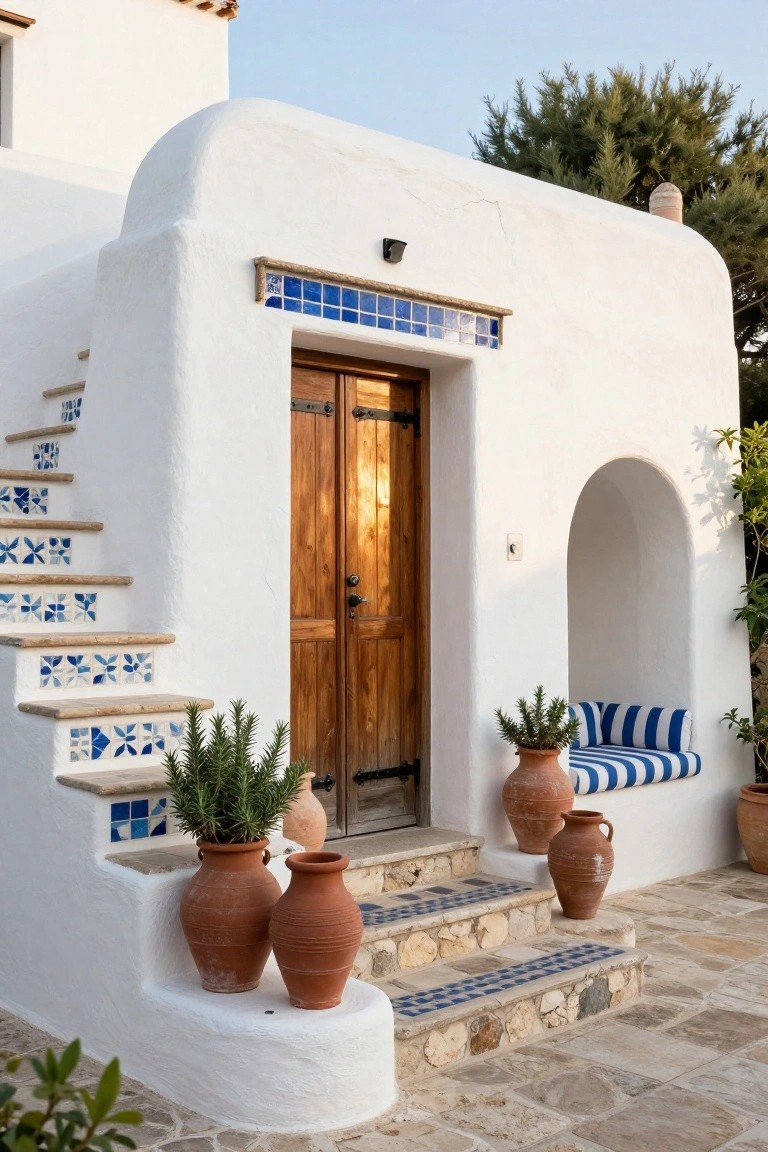 White stucco house exterior with arched wooden double doors, blue patterned tiles on steps leading to the entry, terracotta pots with plants on either side, and a blue cushioned bench in a side arch.