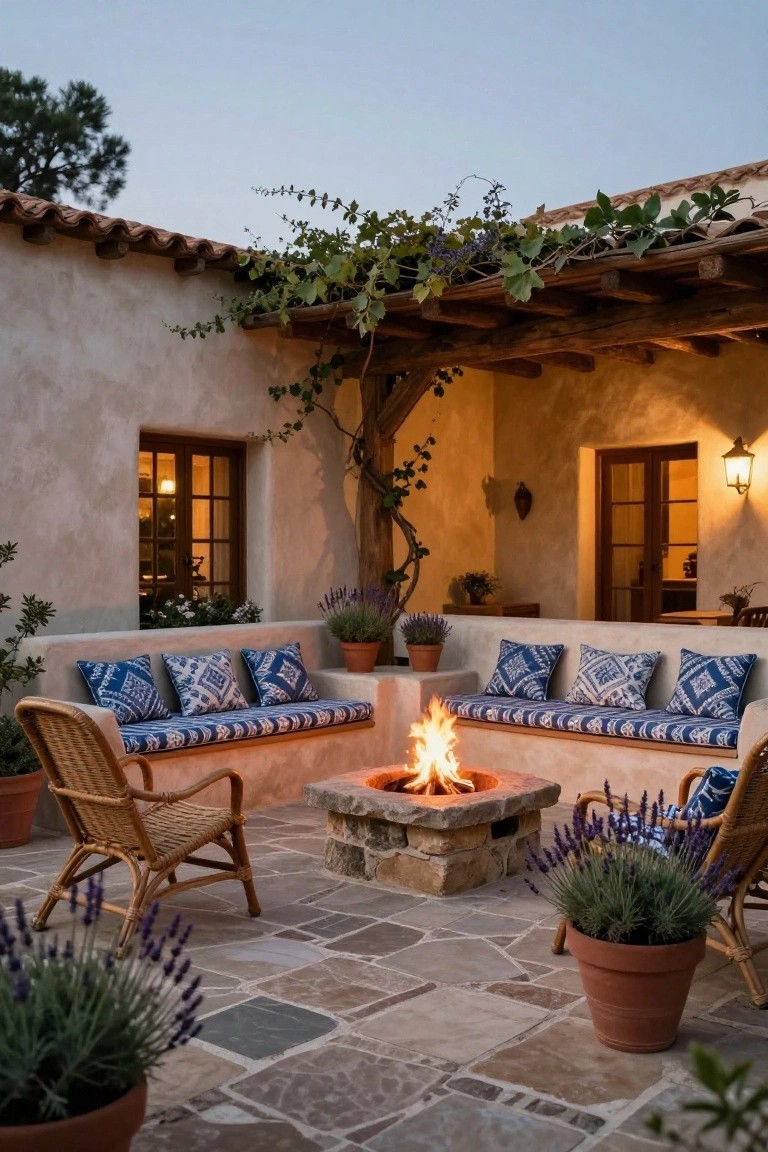 Outdoor patio with built-in cushioned benches surrounding a central stone fire pit, wicker armchairs, potted lavender plants, and stucco walls under a vine-covered wooden pergola.