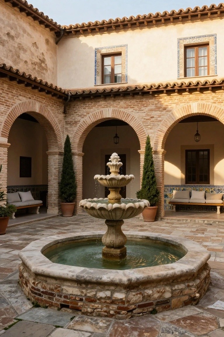 A sunny Mediterranean courtyard with a central tiered stone fountain, brick arches, potted cypress trees, cushioned benches, and tiled flooring.