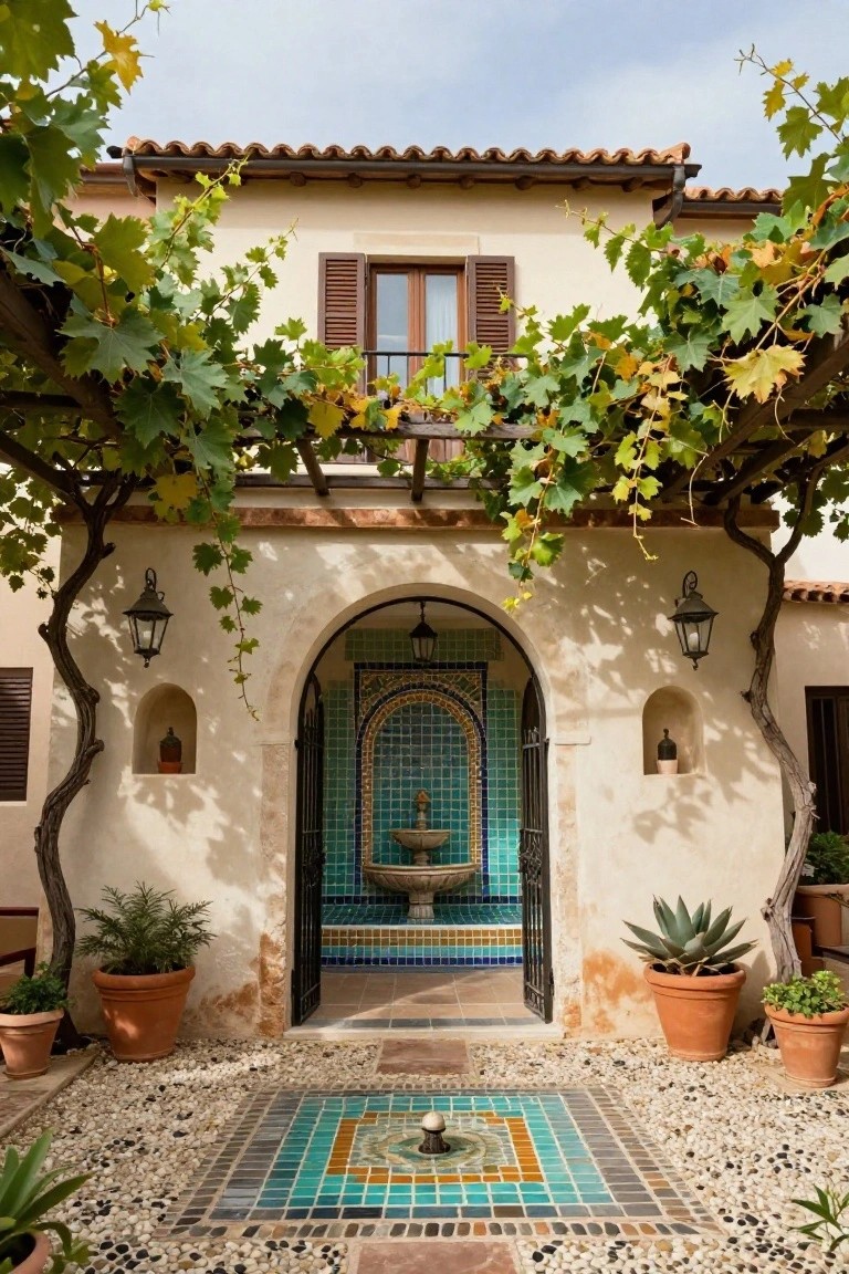 Stucco Mediterranean home exterior with grapevine pergola, arched turquoise and multicolored tiled entry gate featuring a fountain, lanterns, potted plants, and gravel courtyard.