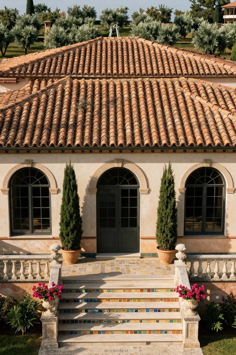 A stucco Mediterranean house facade with terracotta tile roof, arched black-framed windows, dark wooden double entry doors flanked by tall cypress trees in terracotta pots, colorful mosaic-tiled steps, and olive groves in the background.