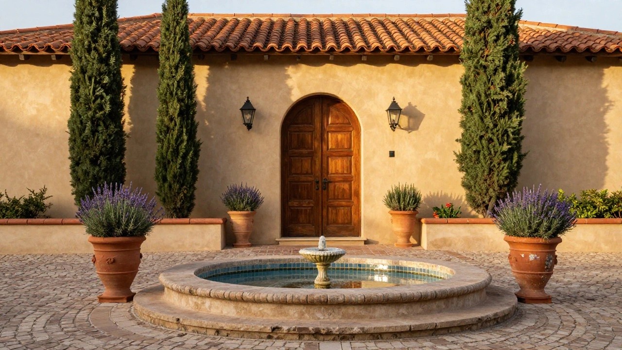Beige stucco house exterior with red tile roof, arched wooden double door, wrought iron lanterns, tall cypress trees, lavender in terracotta pots, stone fountain, and pebble pavers.