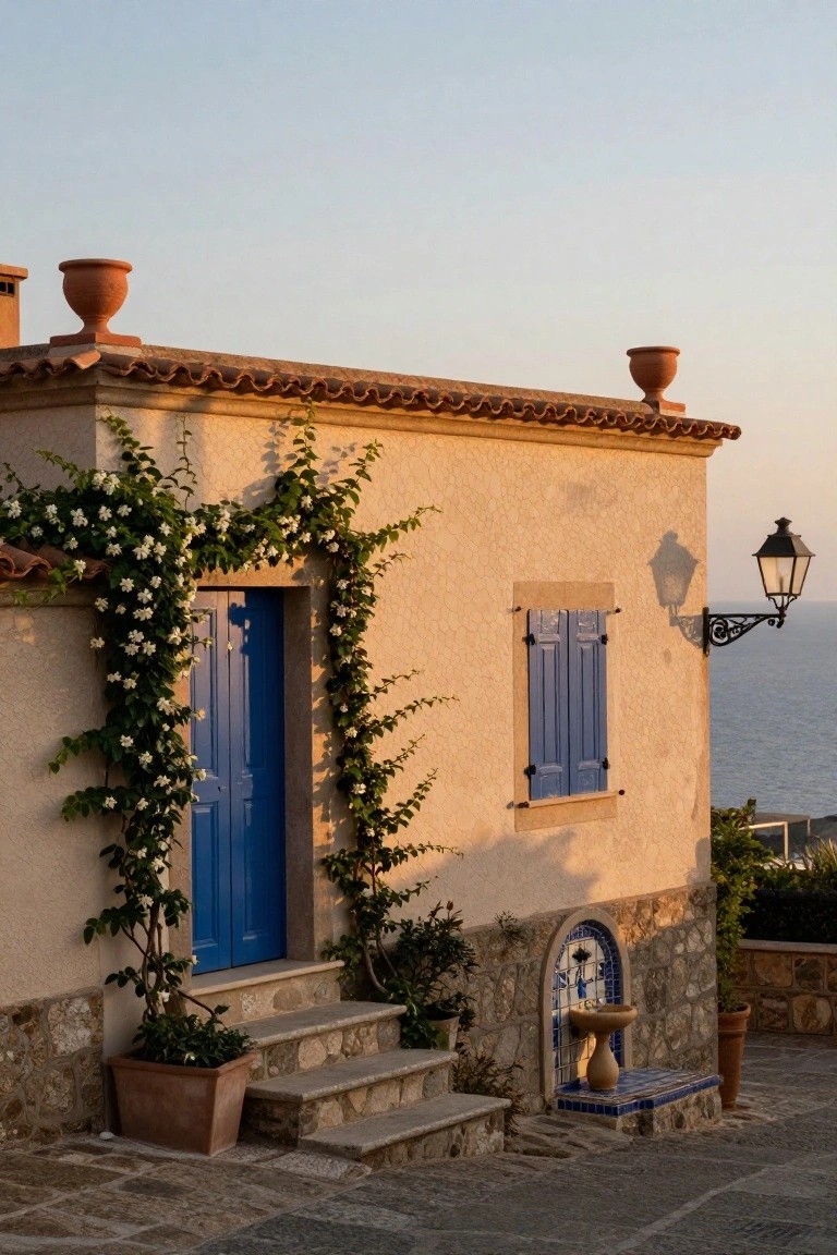 Stucco house exterior with turquoise blue front door and matching shutters framed by white-flowering climbing vines, stone steps leading up, terracotta pots, a small blue-tiled fountain, and lantern light, overlooking the sea at sunset.