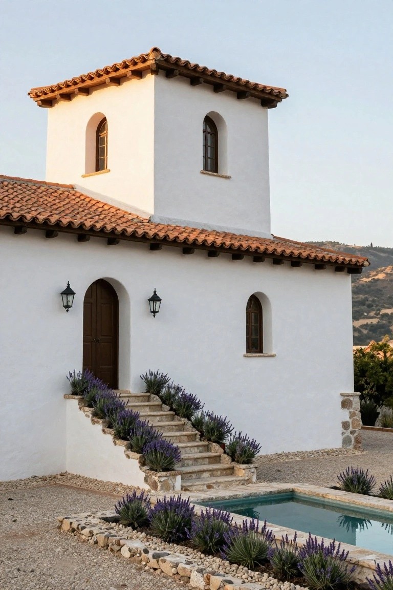 White stucco house with red tile roof and bell tower, featuring stone steps lined with lavender plants leading to a dark wood arched entry door flanked by black lanterns, small pool edged in lavender nearby, gravel ground, and distant hills.