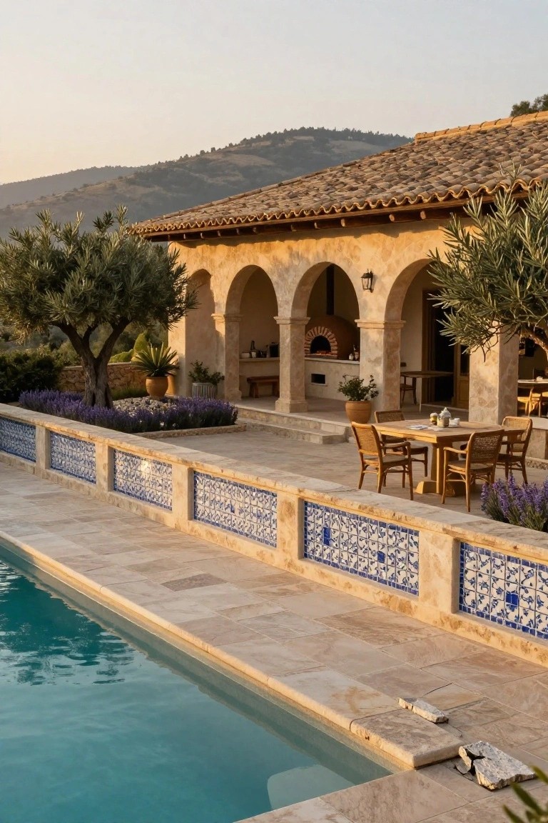 Beige stucco house with terracotta tile roof and multiple arches enclosing an outdoor kitchen area with pizza oven, wooden dining table and chairs on stone terrace next to rectangular pool with blue tiled retaining wall, lavender plants, olive trees, and hillside in background.