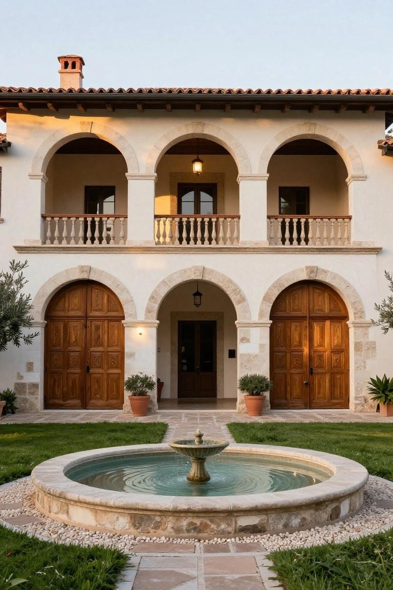 White stucco two-story Mediterranean house facade with terracotta tile roof, three centered stone arches framing wooden double doors and upper balcony, stone fountain in foreground, potted plants, olive trees, and green lawn.