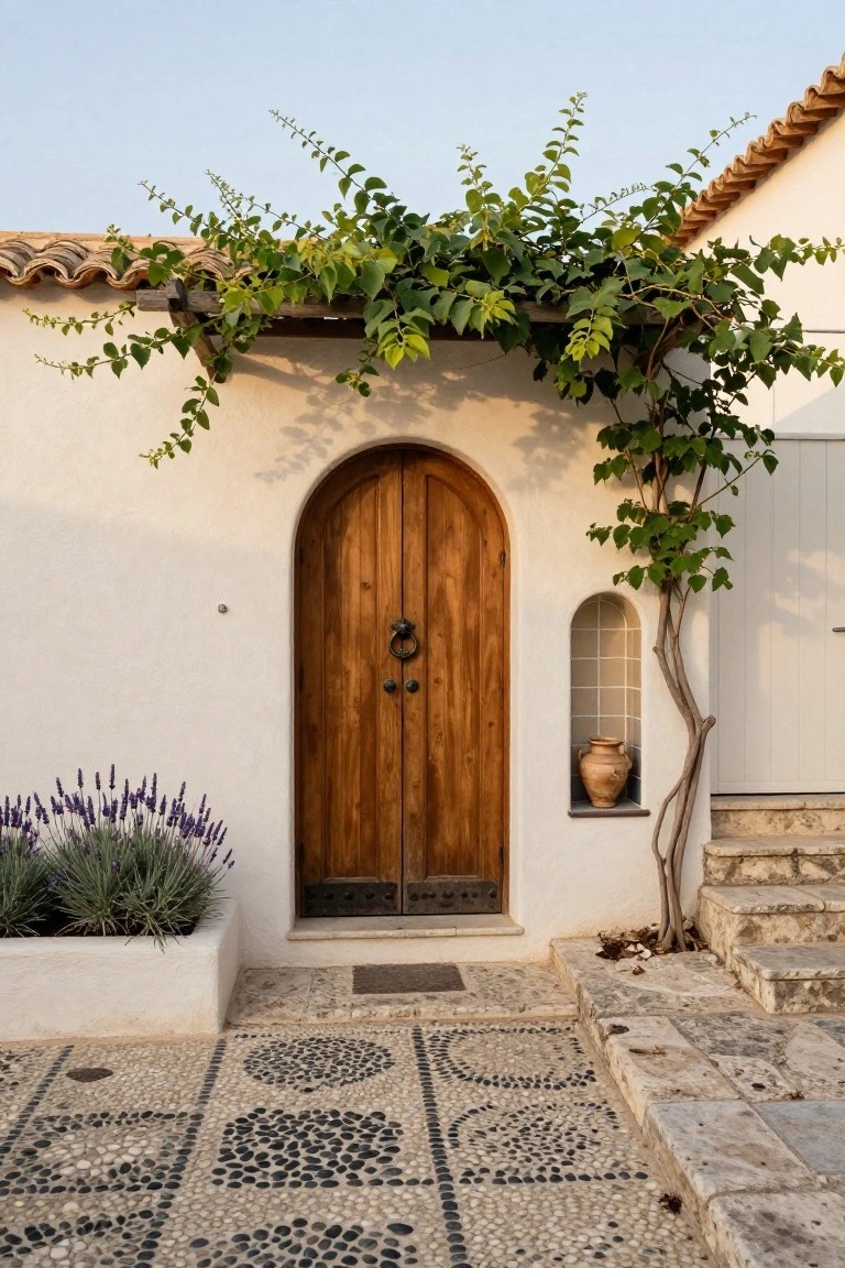White stucco Mediterranean house exterior featuring a tall arched double wooden door with iron knockers, flanked by lavender plants and a wall niche with terracotta pot, overhead vines on a wooden trellis, and a pebble courtyard floor.
