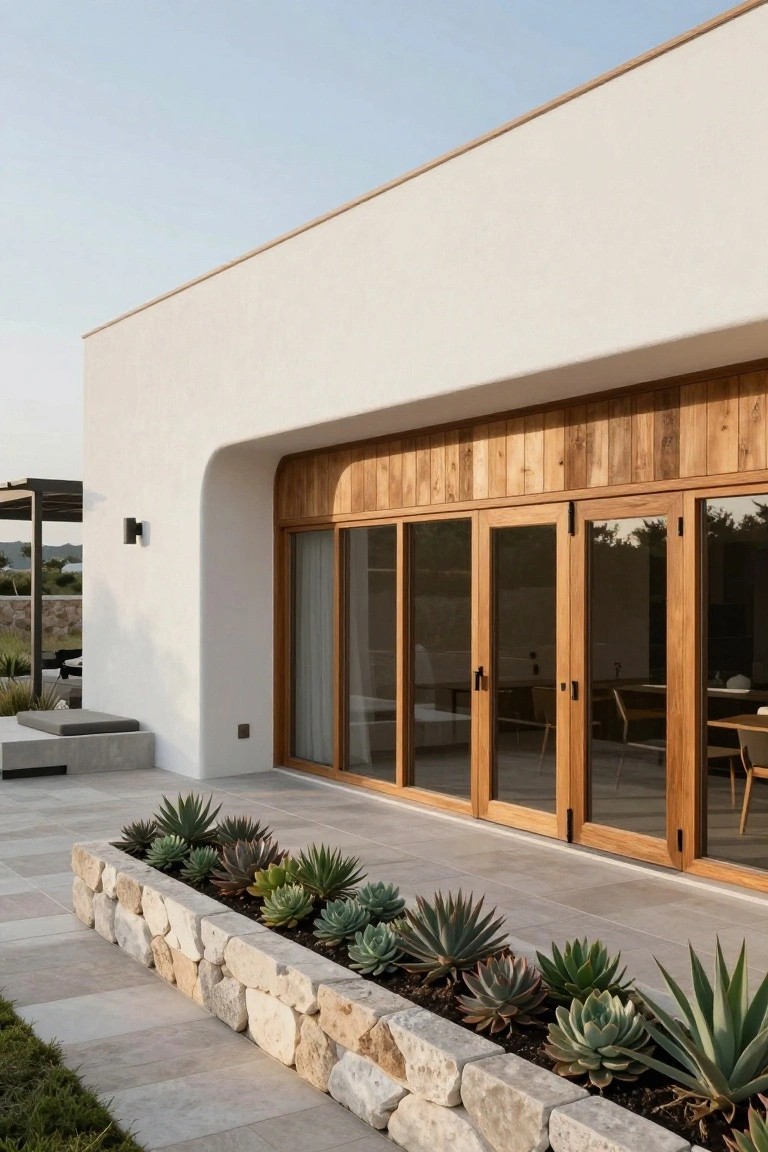 Exterior of a white stucco house featuring a curved wall section with vertical wooden cladding above large multi-panel wooden-framed glass doors, adjacent tiled patio with stone-edged succulent planter, and distant landscape views.
