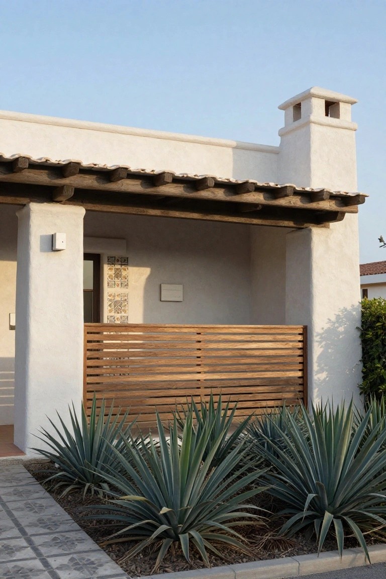White stucco single-story house exterior with terracotta tile roof, exposed wooden beams on porch, colorful tile accents, horizontal wood slat privacy screen by entry door, and agave plants in front bed along tiled pathway.