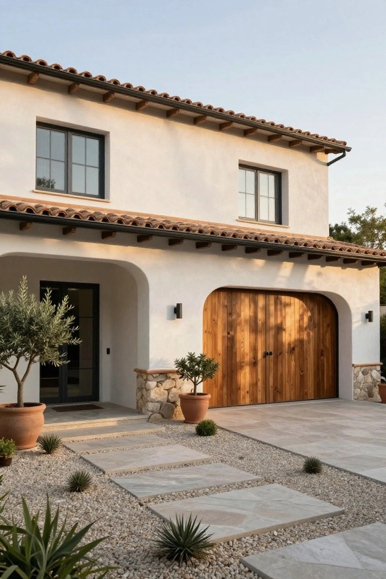 White stucco house exterior with terracotta tile roof, large arched wooden garage door, arched entry with glass and metal door, stone base accents, gravel yard, potted olive trees, and agave plants.