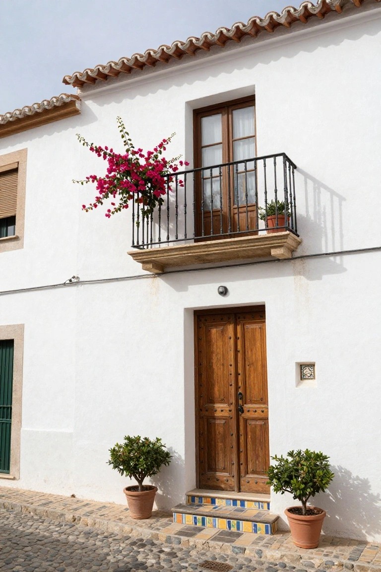 White stucco house with terracotta tile roof, wrought-iron balcony draped in pink bougainvillea, double wooden front doors with iron hardware, flanked by potted shrubs on a cobblestone street.