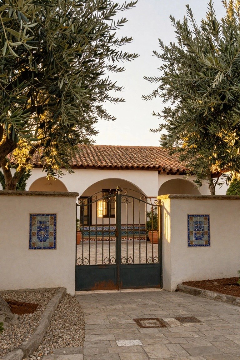 White stucco walls with blue tile accents and wrought iron gate in an arched entryway leading to a terracotta-roofed house, flanked by olive trees and a stone pathway.