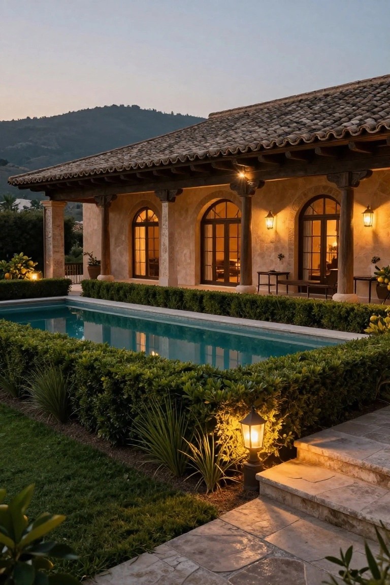 Rectangular turquoise swimming pool bordered by tall manicured boxwood hedges adjacent to a beige stucco house with arched doorways, wooden beams, lanterns, and stone steps at dusk.