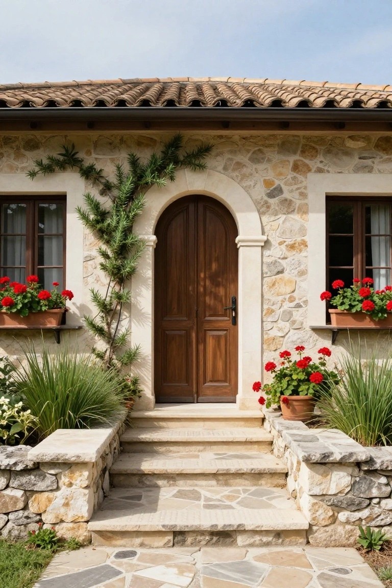 Front view of a stone Mediterranean house exterior with a tall arched wooden door centered between two windows with red geranium flower boxes, climbing greenery on the left wall, potted plants at the base, and stone steps leading to the entry.