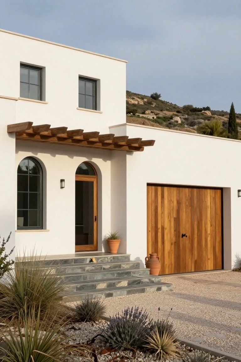 White stucco house exterior with wooden plank garage door, arched wooden entry door under wooden pergola, stone steps leading to entry, potted plants, and gravel yard with agave and lavender plants.