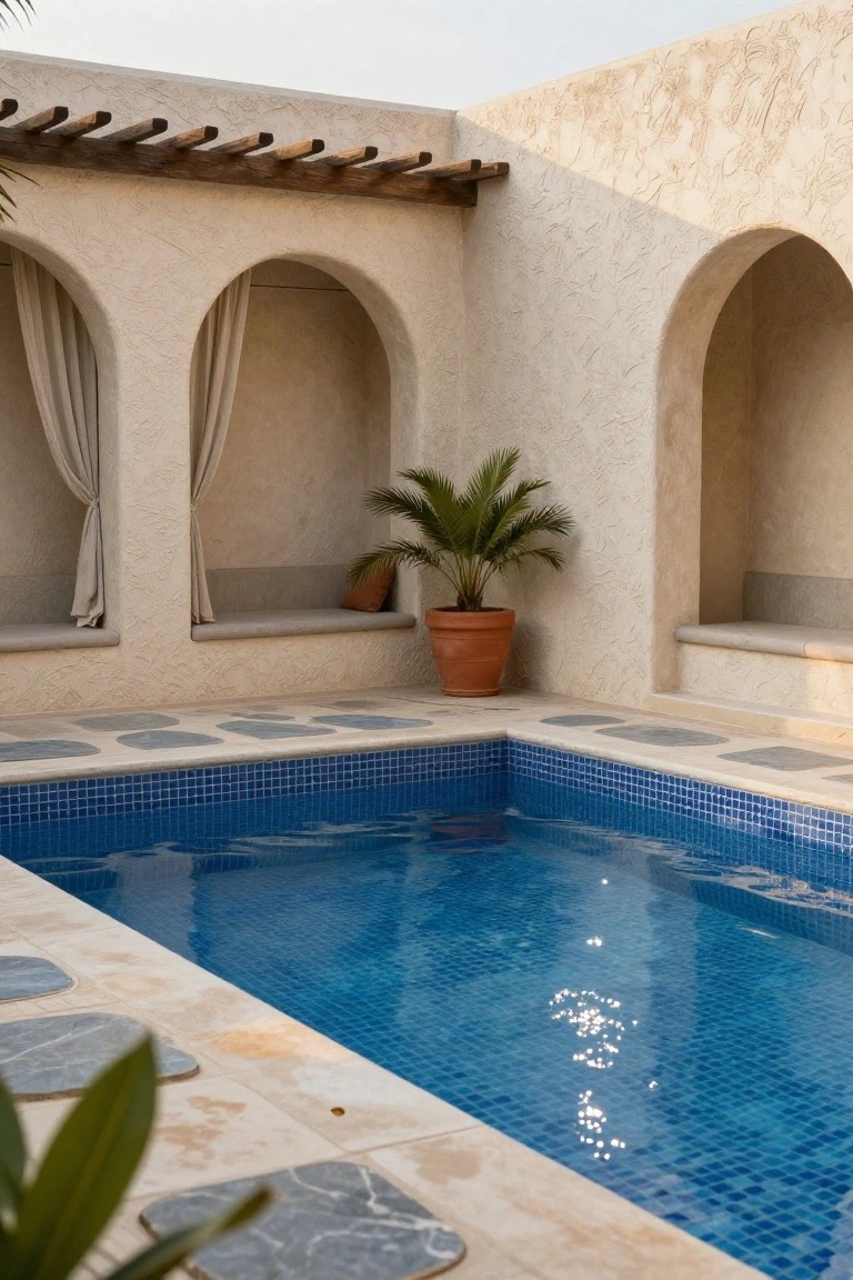 Beige stucco exterior walls with three arched niches containing built-in cushioned benches draped with beige curtains and a potted palm plant, next to a small rectangular pool with blue mosaic tiles and surrounding gray stone stepping stones