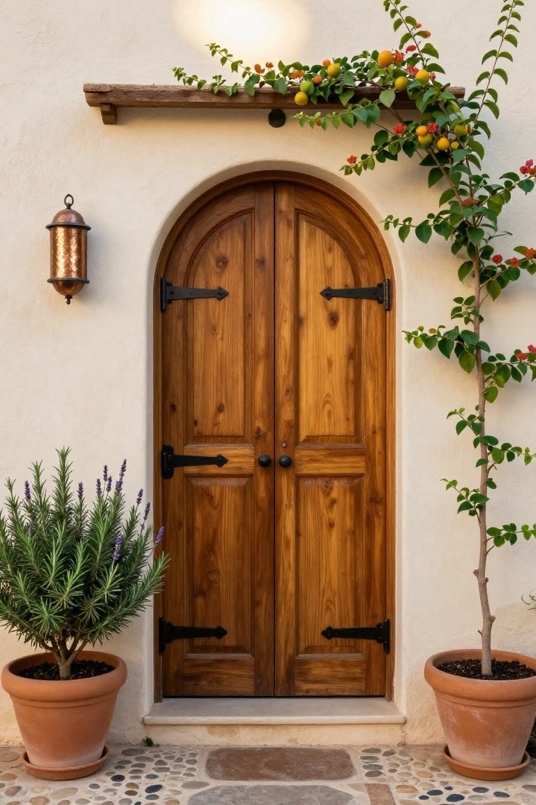 White stucco arched doorway with tall wooden double doors featuring black iron hinges and knobs, flanked by terracotta pots with rosemary lavender and a young citrus tree, climbing vine overhead, copper lantern light on the side, and pebbled entry path.