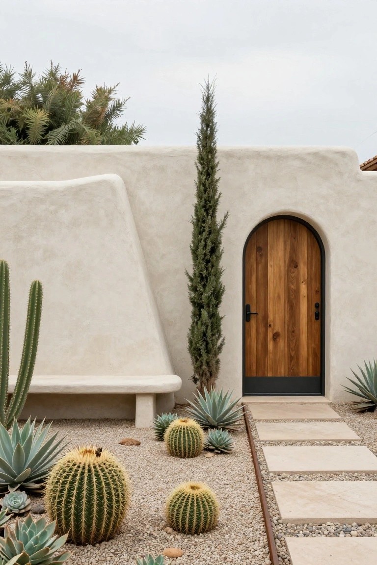 Smooth white adobe walls form a curved facade around a tall arched wooden door with black metal trim, flanked by a cypress tree, succulents, cacti, and a gravel path with stone pavers leading to the entrance.