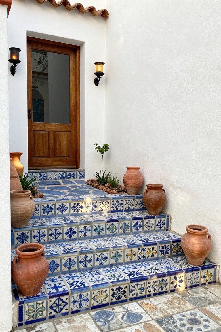 White stucco exterior wall with wooden door and blue-and-white patterned tile stairs leading up to it, flanked by terracotta pots and small plants.
