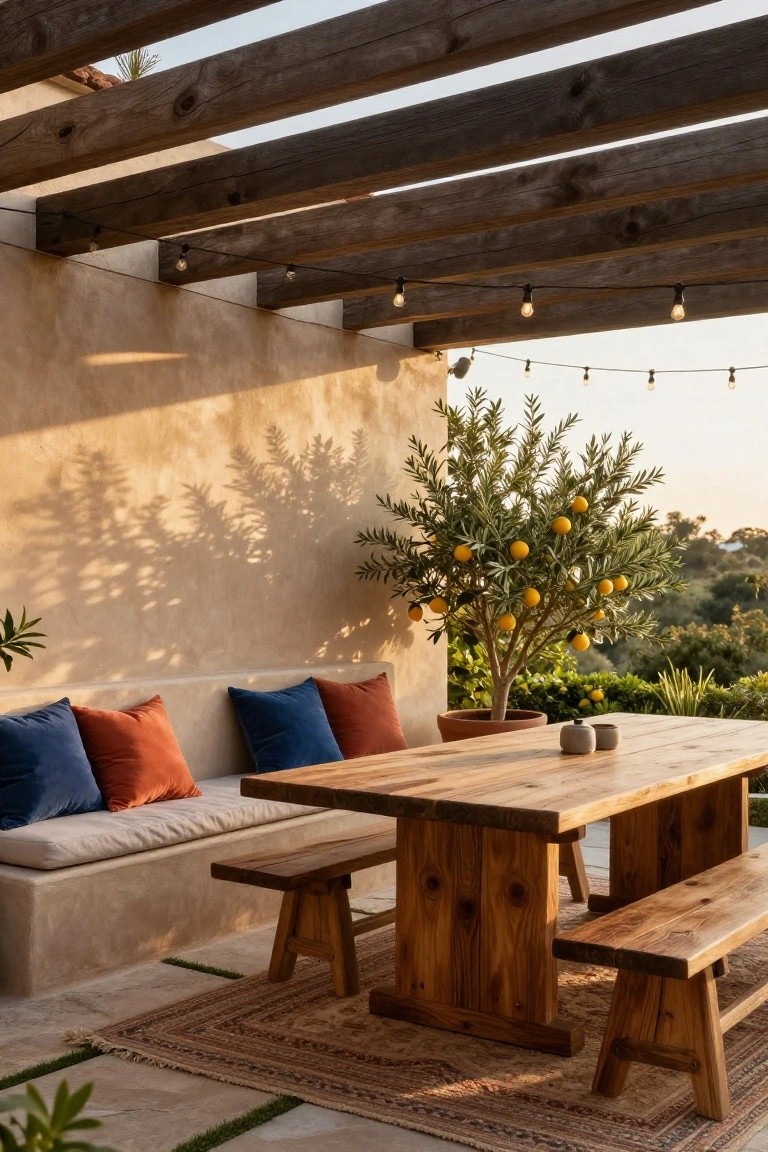 Rustic wooden dining table and benches on a tiled patio under a pergola strung with lights, next to a built-in beige bench with blue and rust cushions against a stucco wall, with an olive tree and Persian rug nearby.