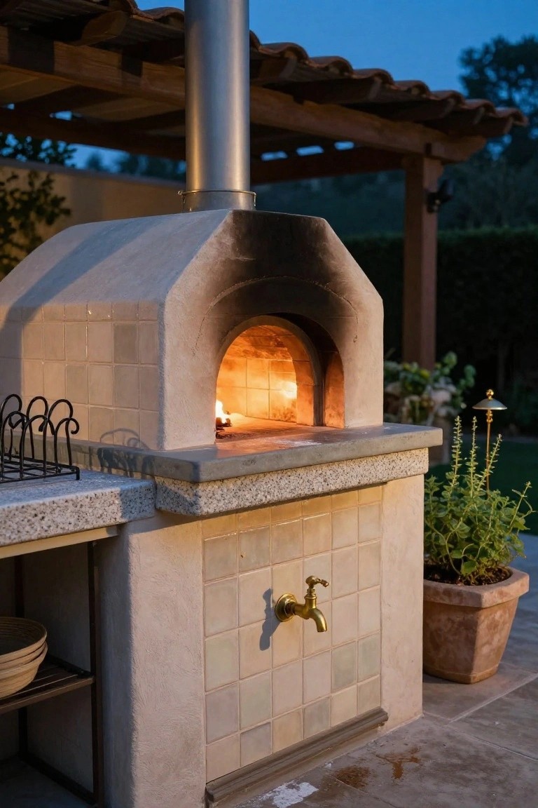 Built-in stucco wood-fired pizza oven with glowing interior in an outdoor kitchen featuring granite countertop, brass faucet, tiled backsplash, and potted plants under a pergola at dusk.