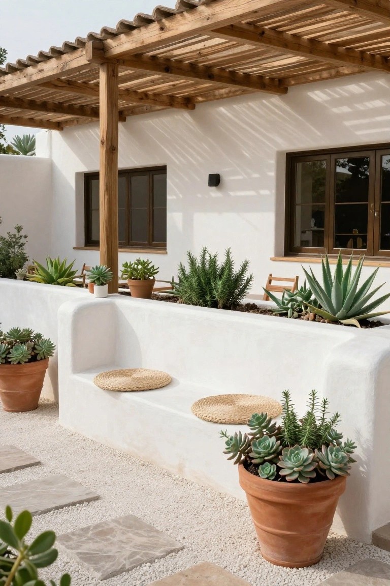 White stucco patio with wooden pergola, built-in bench, and terracotta potted succulents.