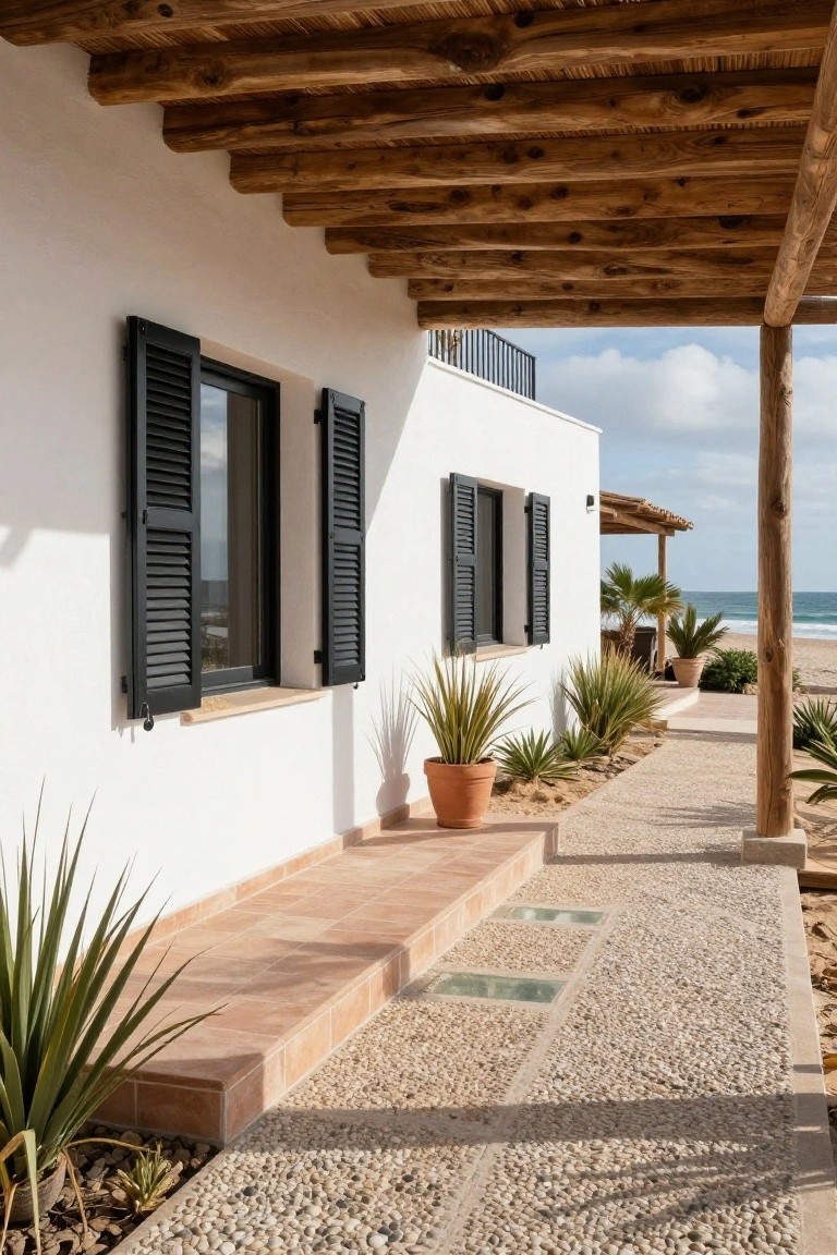 White stucco house wall under a wooden beam pergola with black louvered shutters on windows, potted agave plants, terracotta steps, and a gravel pathway beside the beach.