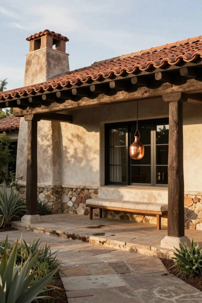 Spanish-style house exterior with beige stucco walls, terracotta tile roof, dark exposed wooden beams and posts on a porch overhang, hanging copper lantern near black-framed windows, wooden bench with cushions, and agave plants along a stone path.