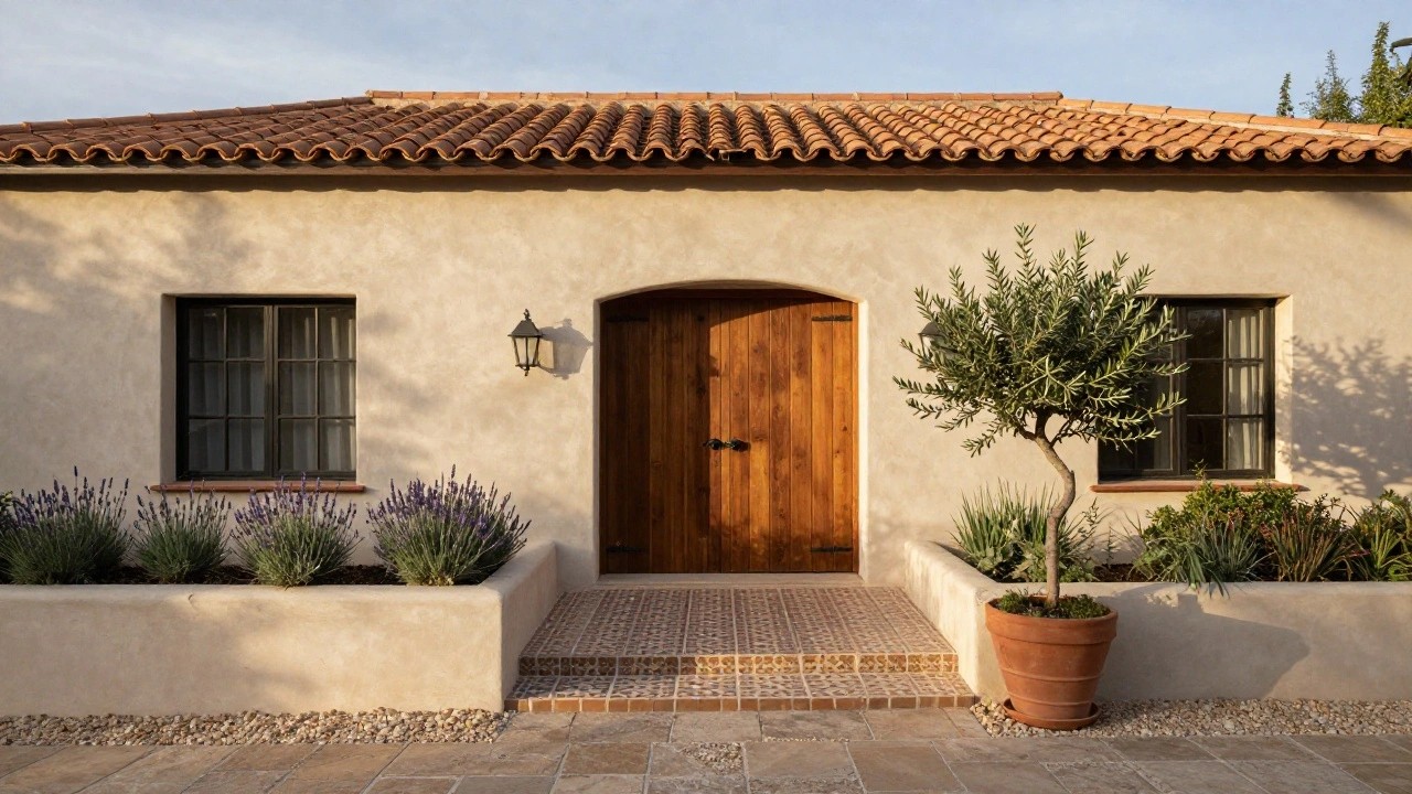Beige stucco wall of a house with curved terracotta roof tiles, arched black metal window, dark wooden garage door, wall-mounted lantern, potted olive tree, lavender plants in raised bed, and stone paver pathway with gravel edging.