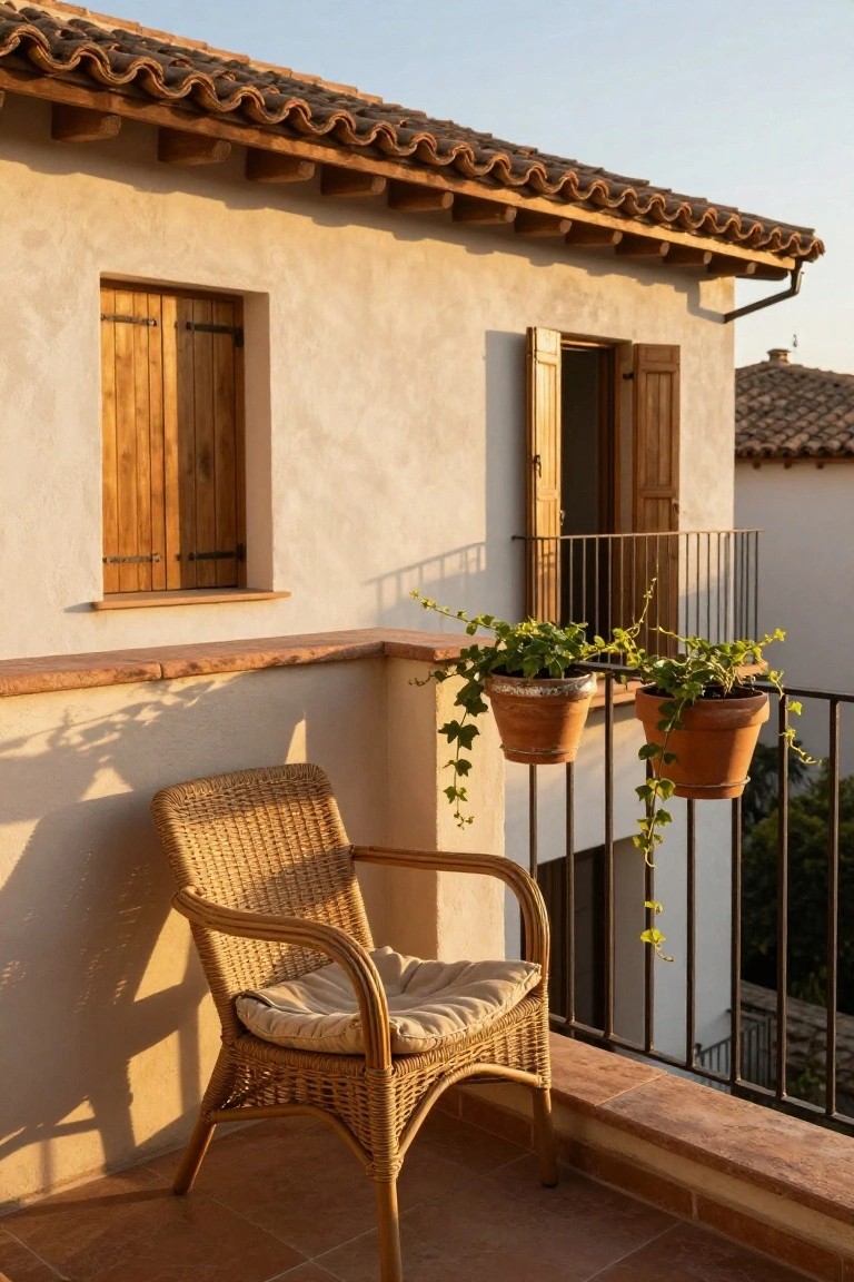 A beige stucco house exterior with wooden shutters, a balcony featuring a wicker armchair on terracotta tiles and two terracotta pots of ivy hanging from black wrought iron railing, terracotta roof tiles, and warm sunset light.