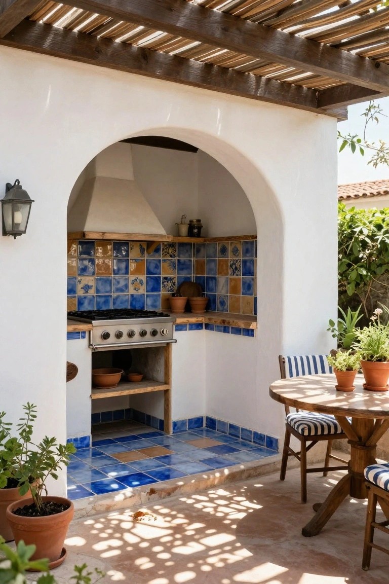 Outdoor kitchen in a white arched alcove with blue and orange patterned tiles on walls and floor, stainless steel range, wood shelves holding pots, potted plants, lantern light, round wooden table with striped chairs, under a thatched pergola with plants around.