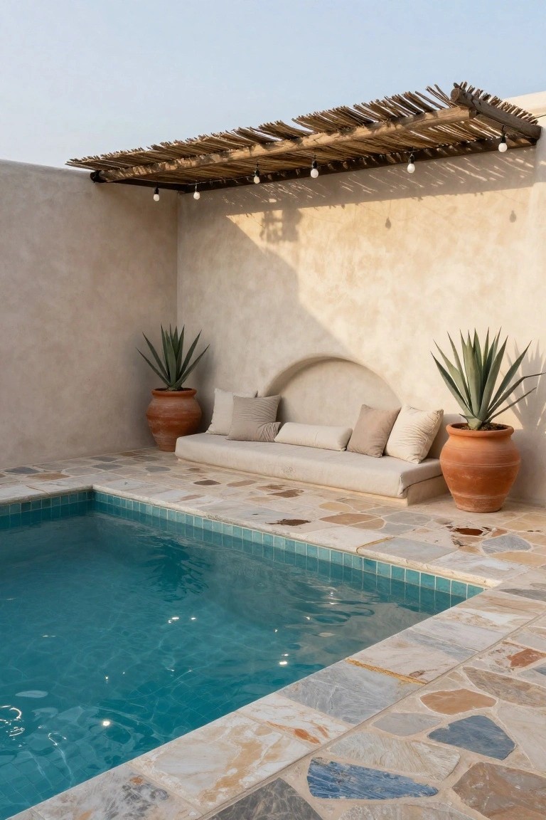 Small turquoise-tiled pool next to a beige stucco wall featuring a cushioned built-in bench seat under a thatched roof overhang with hanging lights, flanked by large agave plants in terracotta pots on a stone-tiled patio.