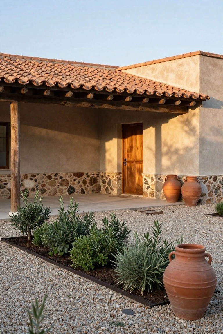 Beige stucco house exterior with terracotta tile roof, wooden posts supporting a covered porch, wooden entry door, irregular stone base, large terracotta pots on gravel ground with low green plants in a border bed.